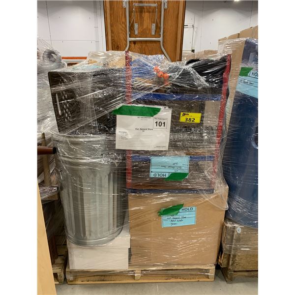 PALLET OF SET DEC ITEMS INCLUDING; TRASH BINS, SHELVING UNITS, BROOMS AND MORE