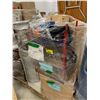 Image 2 : PALLET OF SET DEC ITEMS INCLUDING; TRASH BINS, SHELVING UNITS, BROOMS AND MORE