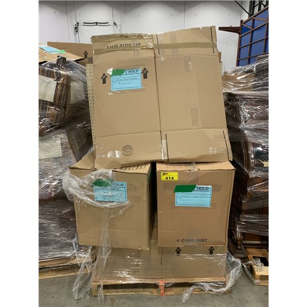 PALLET OF SET DEC ITEMS INCLUDING; SHELVING UNIT, TV, COFFEE MACHINE, LANTERN AND MORE