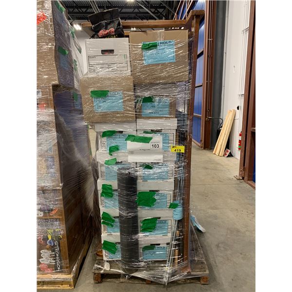 PALLET OF SET DEC ITEMS INCLUDING; FUTON, OARS, BROOM, KITCHENWARE AND MORE