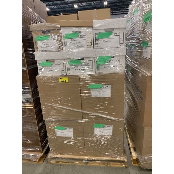 PALLET OF SET DEC ITEMS INCLUDING; DISHWARE, PAPER TRAYS, SOLDERING IRONS AND MORE