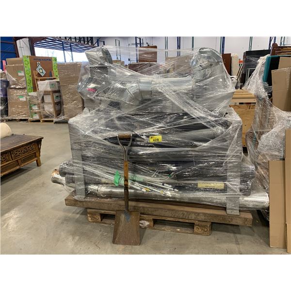 PALLET OF ASSORTED HVAC PIPES/PARTS AND SHOVEL