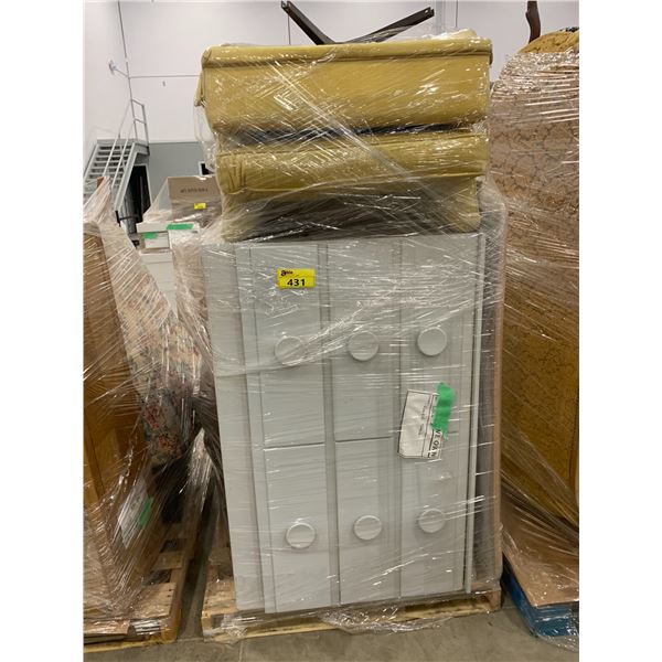 PALLET OF SET DEC ITEMS INCLUDING; 6 DRAWER DRESSER, MIRROR AND CHAIRS