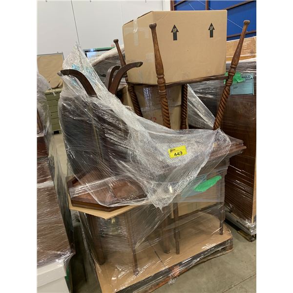 PALLET OF SET DEC ITEMS INCLUDING; DRESSER, BENCH, SIDE TABLES, LIGHTING AND MORE