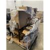 Image 2 : PALLET OF SET DEC ITEMS INCLUDING; SOFA TABLE, PATIO CHAIR, ROLLING CHAIR, BEDDING AND MORE