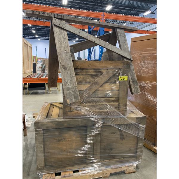 PALLET OF SET DEC ITEMS INCLUDING; SAWHORSES AND WOOD CRATES