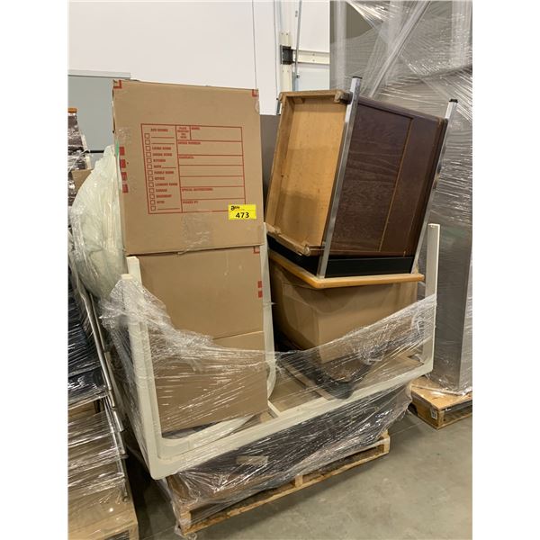 PALLET OF SET DEC ITEMS INCLUDING; DESKS, TABLES, LAMPSHADES AND MORE