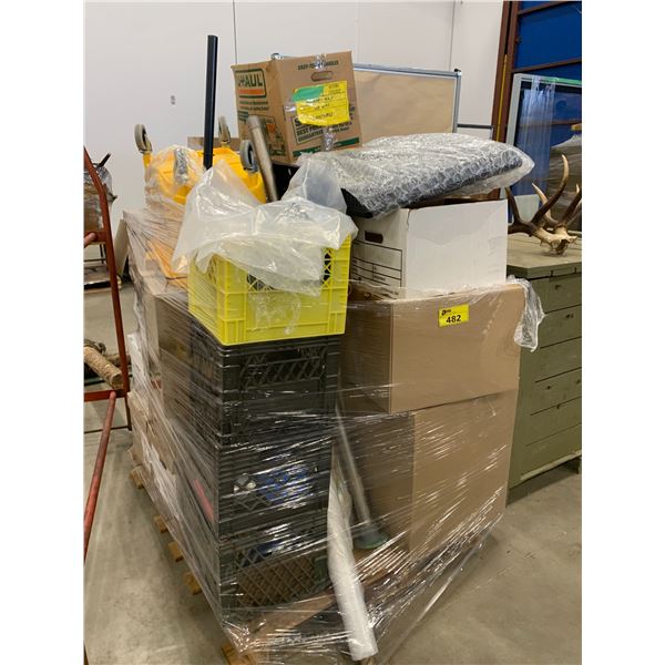 PALLET OF SET DEC ITEMS INCLUDING; MILK CRATES, ROLLING MOP BUCKET, DROP SHEETS AND MORE