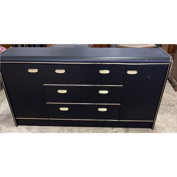 Black Vinyl Wrapped Three Drawer, Four Shelf Dresser/Storage 61Wx16Wx29H