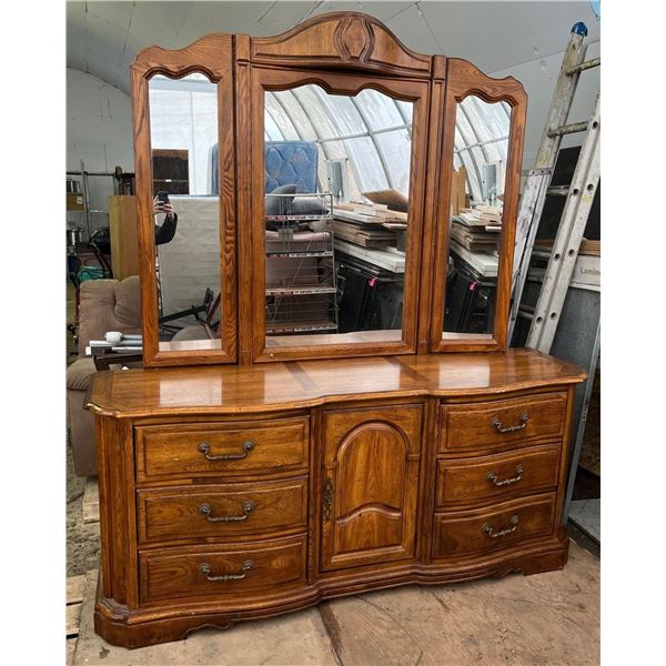 Solid Pecan Dresser 9 Drawer Dresser with Mirror 73Wx20Dx82H