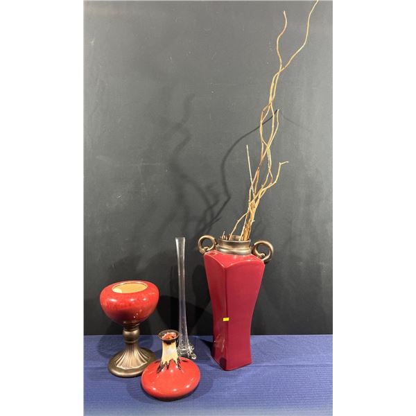 Collection of Red Pottery & Glass Vases  heights range from 8-21