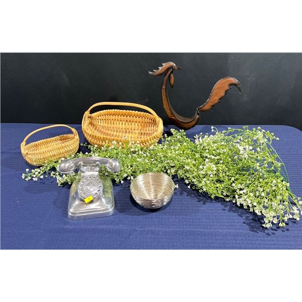 Collection of Decorative Items includes Baskets, Rooster, Fake Rotary Phone, Wire Bowl and more