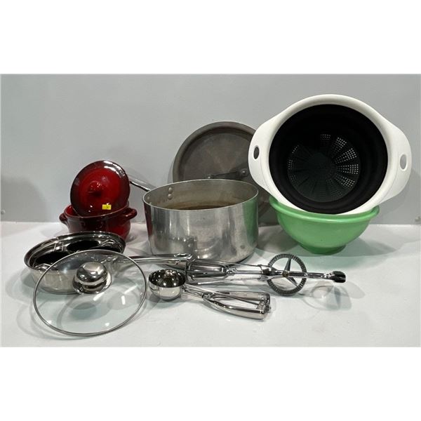 Collection of Kitchen Needs includes Oxo Mandoline (new in box) Cookware, Strainers, and more