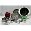 Image 1 : Collection of Kitchen Needs includes Oxo Mandoline (new in box) Cookware, Strainers, and more