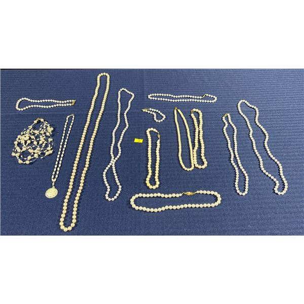 Collection of White and Bone Bead Necklaces plus Ceramic Jar