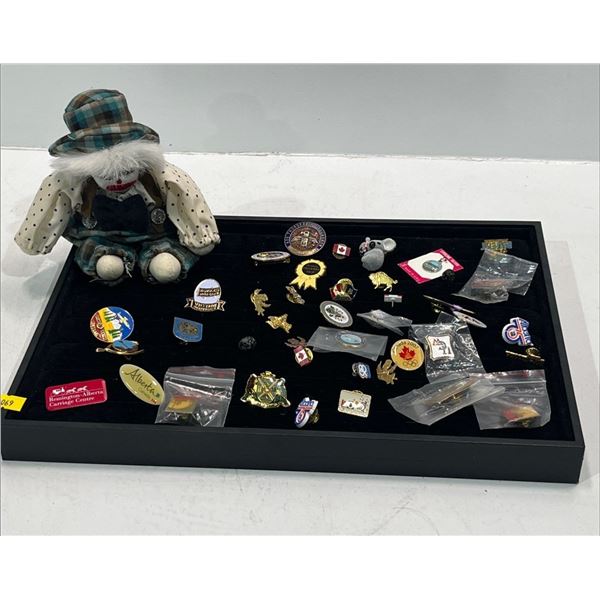 Collection of Souvenir Pins and Clown Figure includes Alberta 75, EXPO 86, Calgary Tower and more