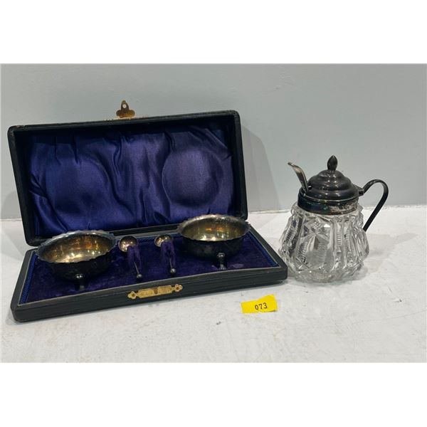 Silver Plated Salt & Pepper Cellars & Spoons plus Crystal & Silver Plated Mustard Pot & Spoon
