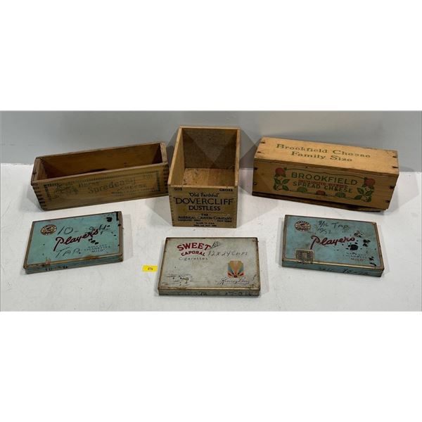 Vintage Metal Cigarette Packages, Cheesespread and Dovercliff Chalk Wood Boxes