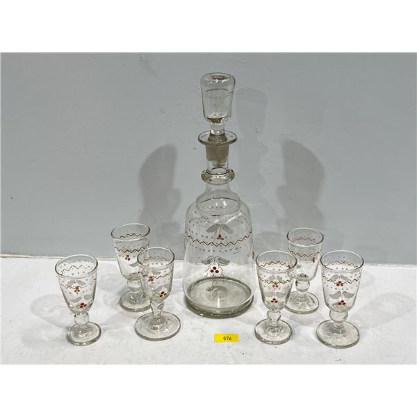 Vintage Hand Painted Decanter with Six Matching Sherry Glasses