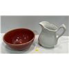 Image 1 : Antique White Ironstone Pitcher 8H & Red Ceramic Serving Bowl