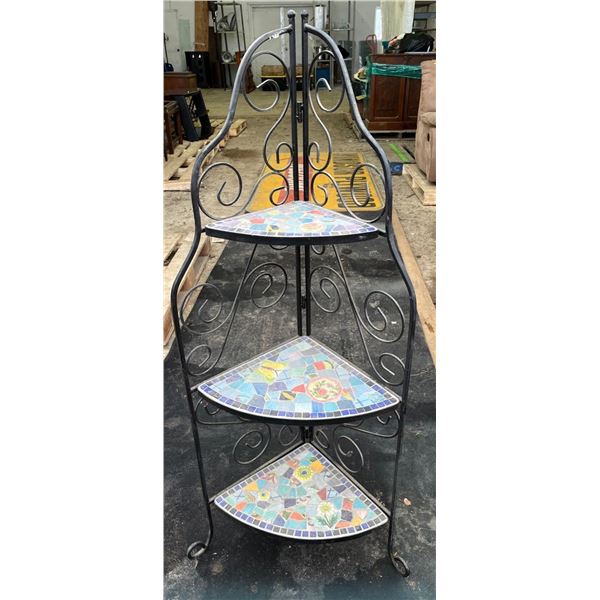 Wrought Iron Corner Plant Stand with Three Ceramic Mosaic Tile Shelves  14Wx14Dx52H