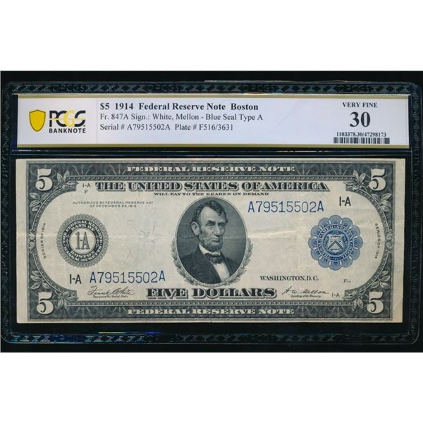 1914 $5 Boston FRN PCGS 30
