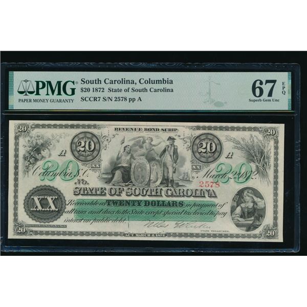 1872 $20 Columbia SC Obsolete PMG 67EPQ