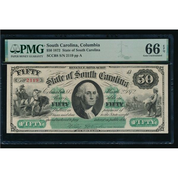 1872 $50 Columbia SC Obsolete PMG 66EPQ
