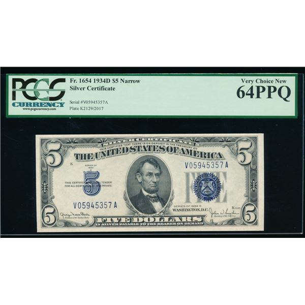 1934D $5 Silver Certificate PCGS 64PPQ