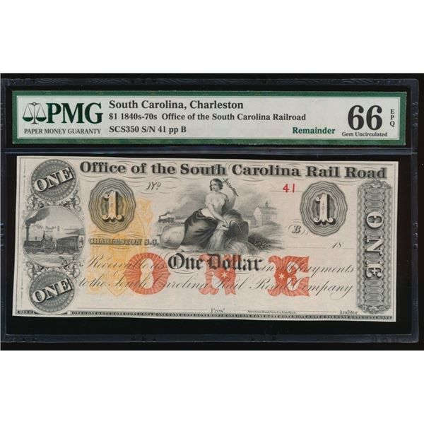 1840-70s $1 Charleston SC Obsolete Note PMG 66EPQ