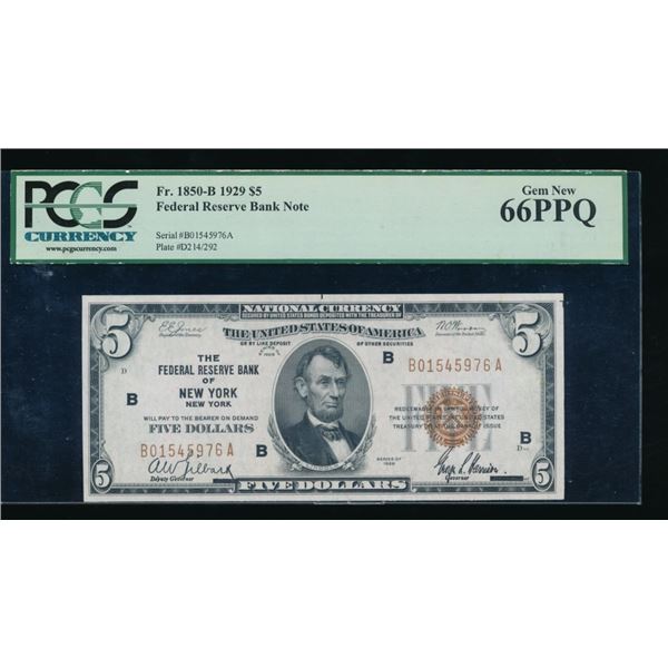 1929 $5 New York FRBN PCGS 66PPQ