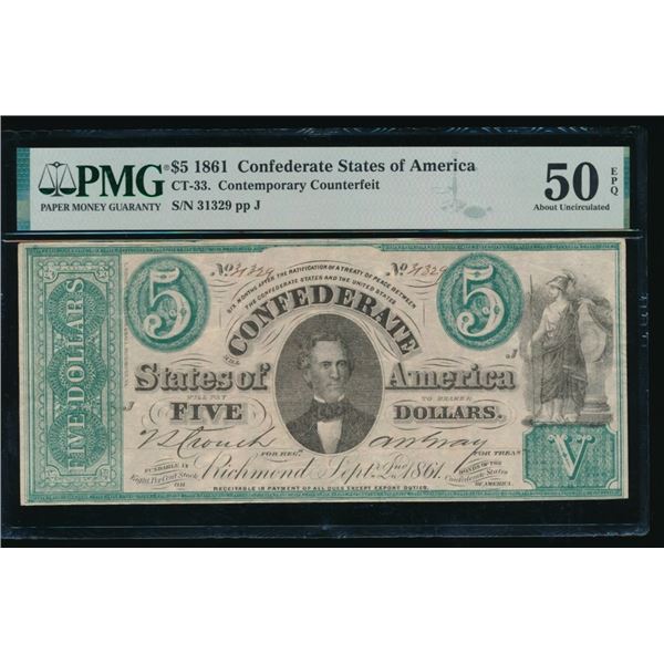 1861 $5 CT-33 Confederate PMG 50EPQ