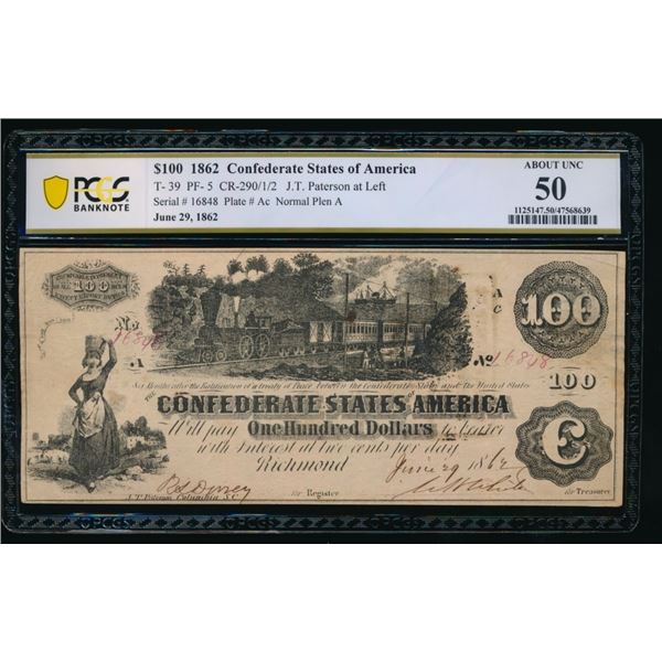 1862 $100 T-39 Confederate PCGS 50