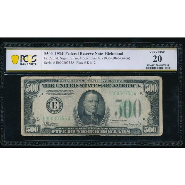 1934 $500 Richmond FRN PCGS 20