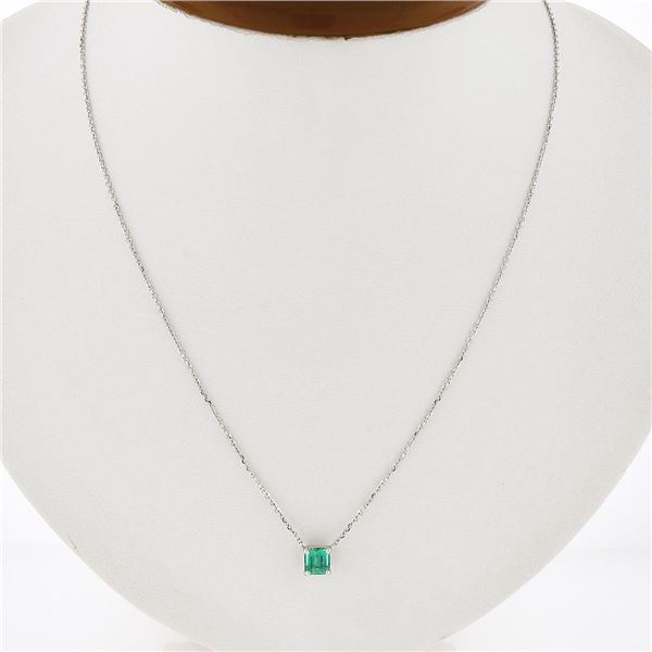 NEW 14K White Gold 0.76 ctw Colombian Emerald Step Cut Solitaire Pendant Necklac