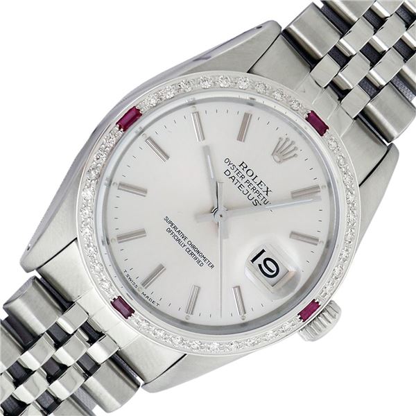 Rolex Mens Stainless Steel Silver Index With Ruby Diamond Bezel 36MM