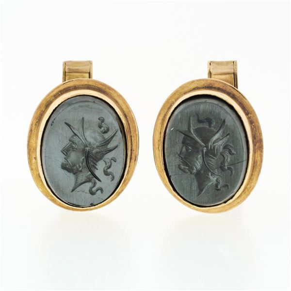 Vintage Men 18k Gold Oval Carved Intaglio Gray Hematite Knight Trojan Cuff Links