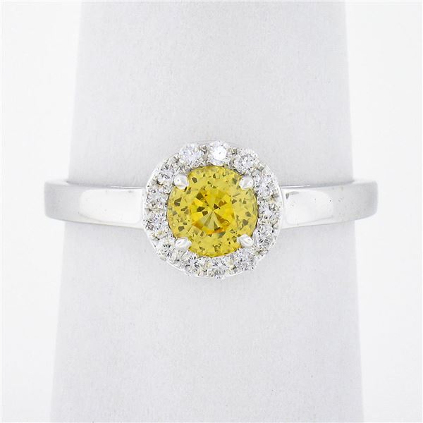 NEW 14K White Gold 0.96 ctw Ceylon Yellow Sapphire Solitaire w/ Diamond Halo Rin