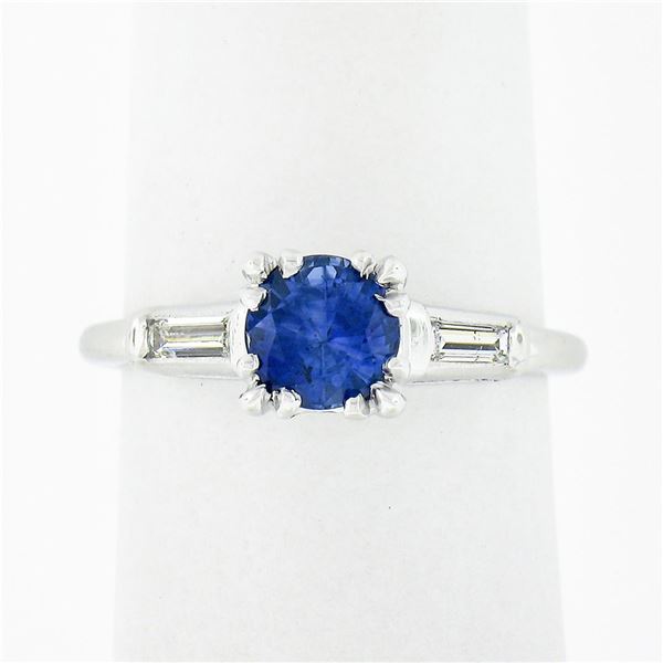 Vintage Platinum 1.17 ctw Round Sapphire Baguette Diamond 3 Stone Engagement Rin