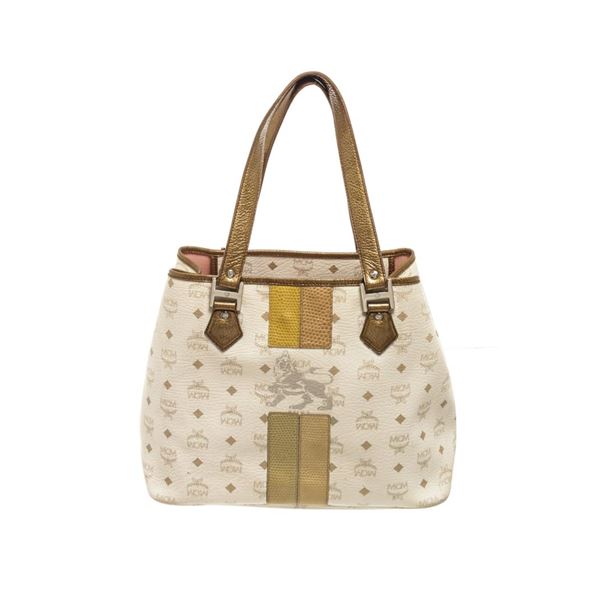 MCM White Leather Lion Visetos Shopper Bag