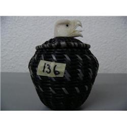 4" Black and White Baleen Basket with Eagle Finial by James Omnik of Point Hope AK
