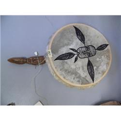 Traditional Skin Drum with Carved Whale bone handle 14" long by Jacob Otten (2)