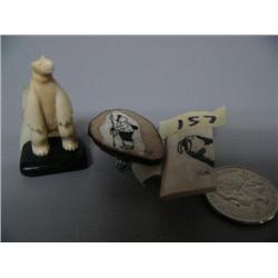 2 Scrimshawed Ivory pins and an ivory bear mounted on jade (2)