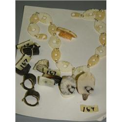 LOT of: Ivory Necklace and 3 Scrimshawed Ivory Plachets and 6 Eskimo Skin Thimbles (2)