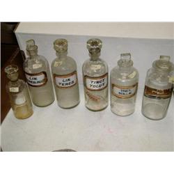 Lot of 6 old medicinal glass bottles with glass stoppers: 4 have glass labels (88)