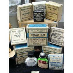 Lot of old herbal and medicinal boxes: including- Peppermint, Oak Bark, Pipsissawa, Boneset Herb, Pe