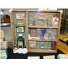 Image 1 : Old Shadow Box display of various medicinal bottles and boxes: including- blue glass eye wash cup (8