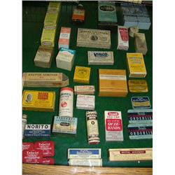 Lot of old medicinal boxes, bottle, vial, and tins: including- Rocky Mountain tea, Inner Clean herba