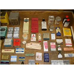 Lot of old medicinal boxes, bottles, tins, and jars: including- Hops, Malt, 4-Way cold tablets, dent
