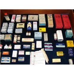 Lot of old medicinal boxes, tins: including- Fig syrup, Hops, Rocky Mountain tea, Tokosan tablets, a